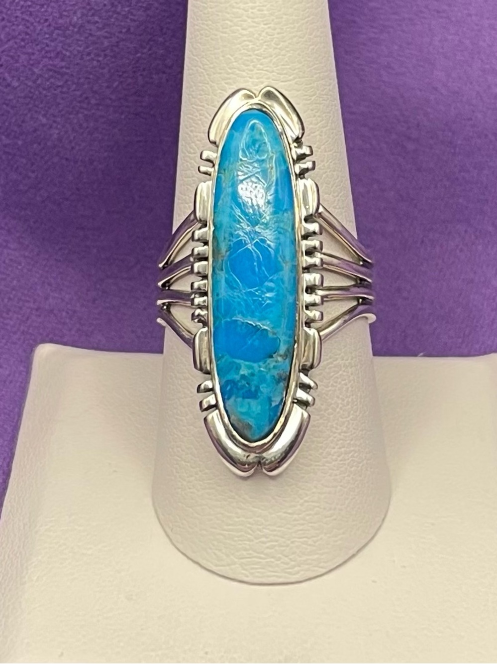 Vtg 8.11 g .925 SS turquoise ring size 9, approximately 30 mm x 7 mm - Picture 4 of 6